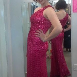 La Femme Dark Pink Sequined Formal Gown